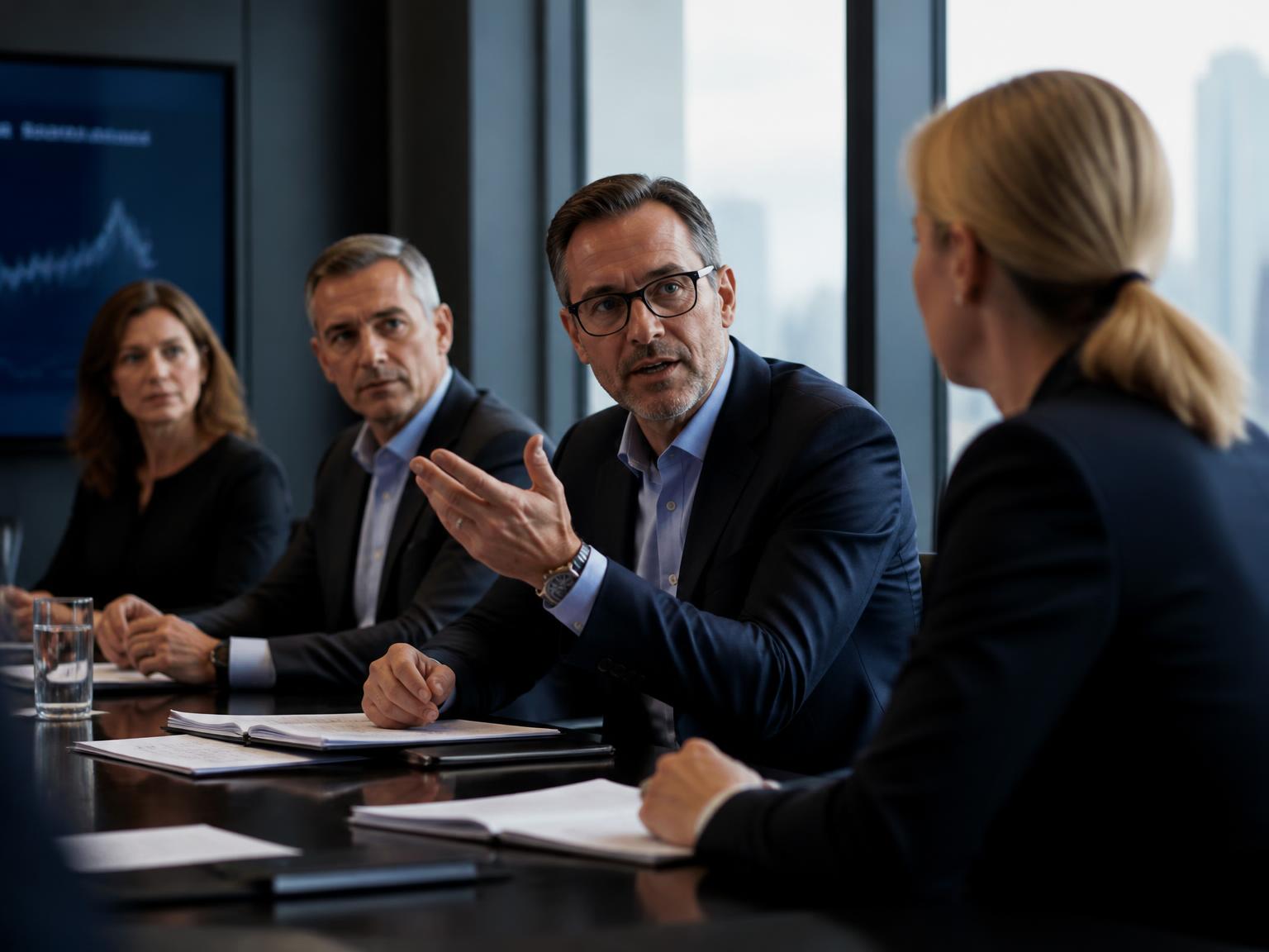 Profesional participando activamente y aportando en una reunión ejecutiva importante