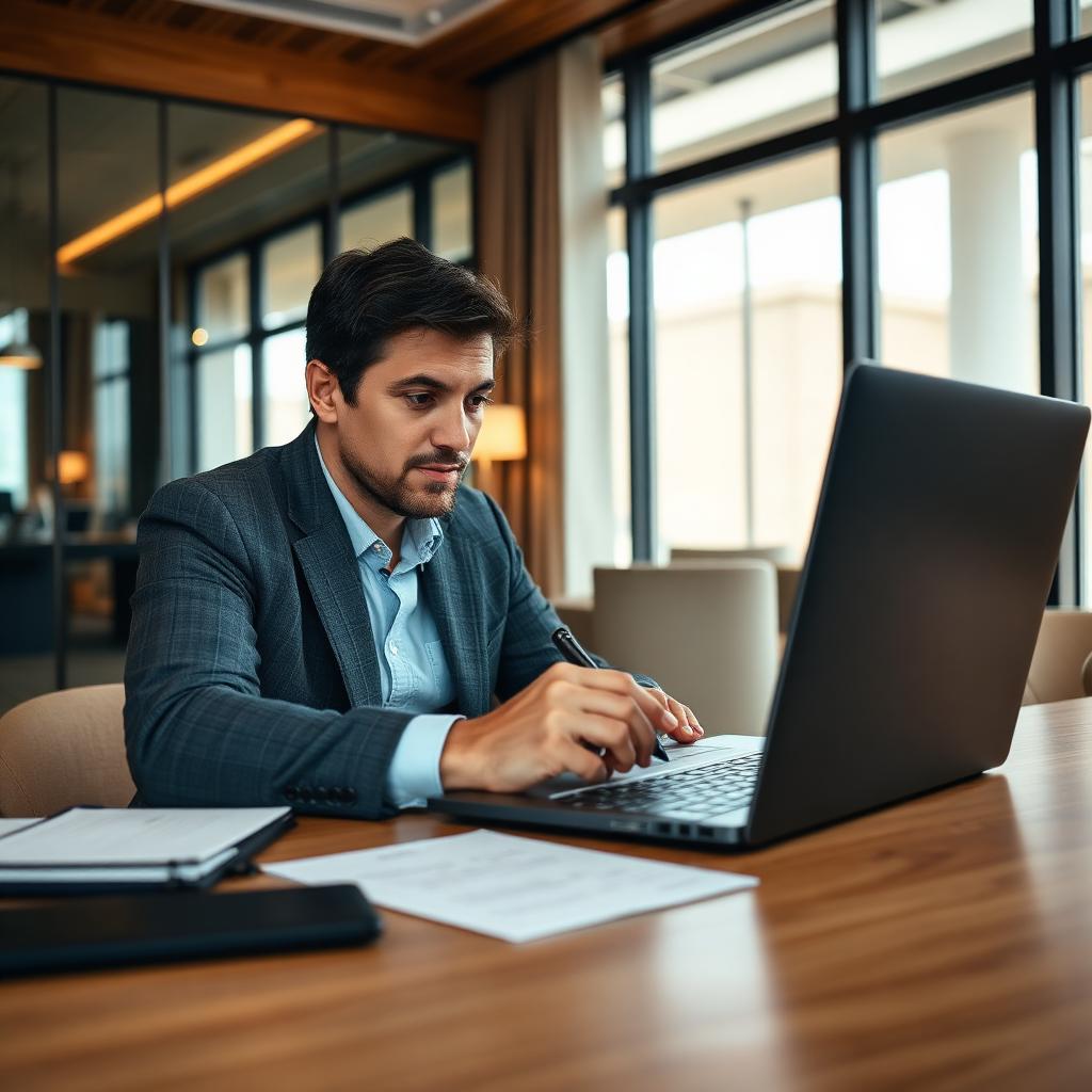Profesional analizando información sobre su posicionamiento digital con portátil y notas