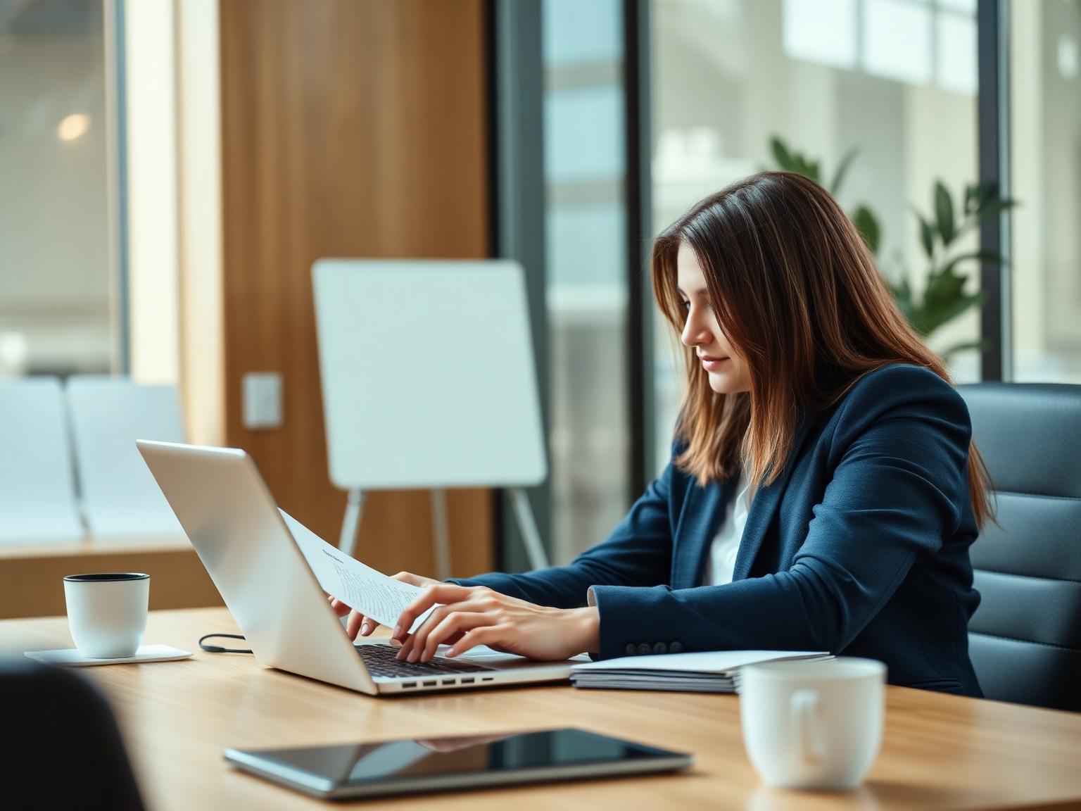Profesional analizando su CV en un portátil dentro de una oficina contemporánea
