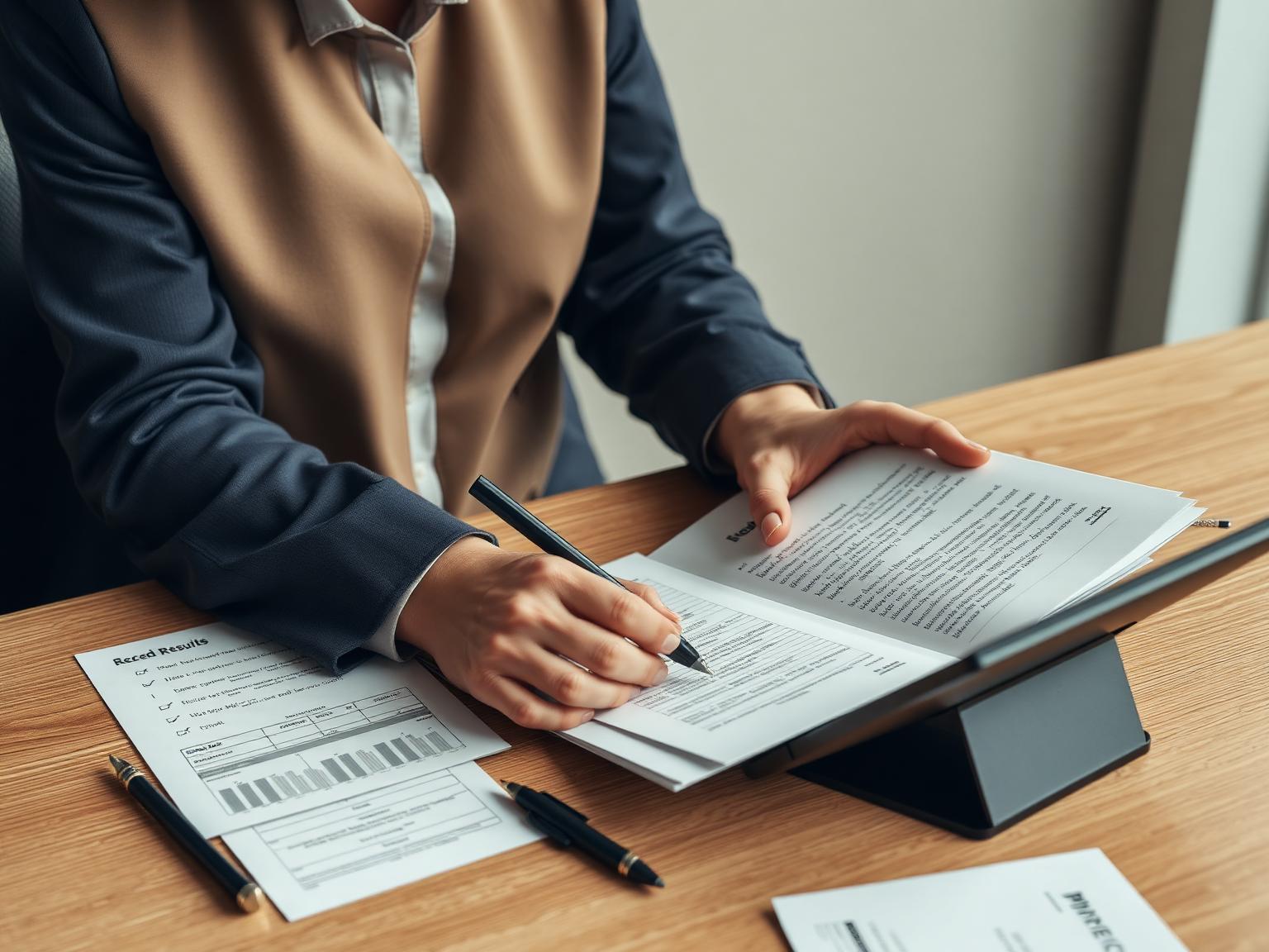 Profesional trabajando sobre documentos de resultados y trayectoria