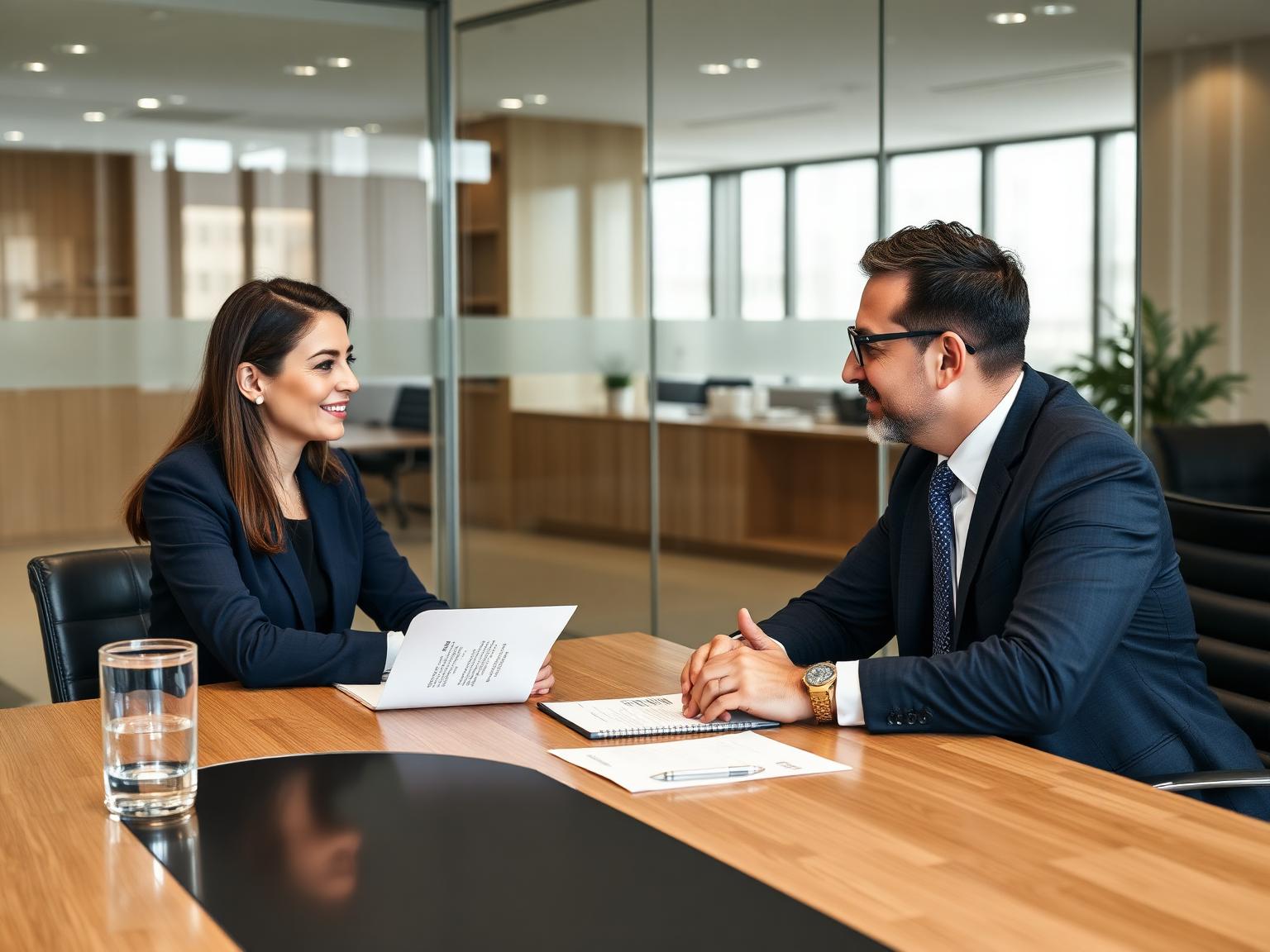Conversación profesional de entrevista y negociación en una mesa ejecutiva