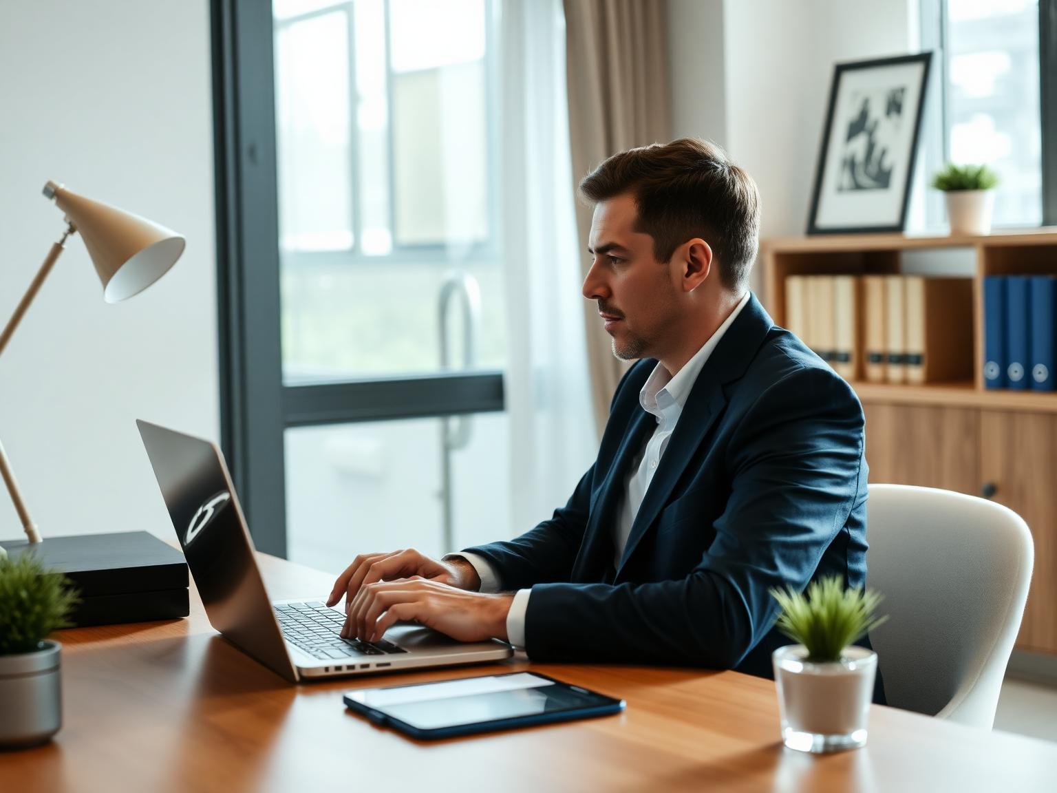 Profesional participando en una entrevista virtual desde una oficina doméstica premium