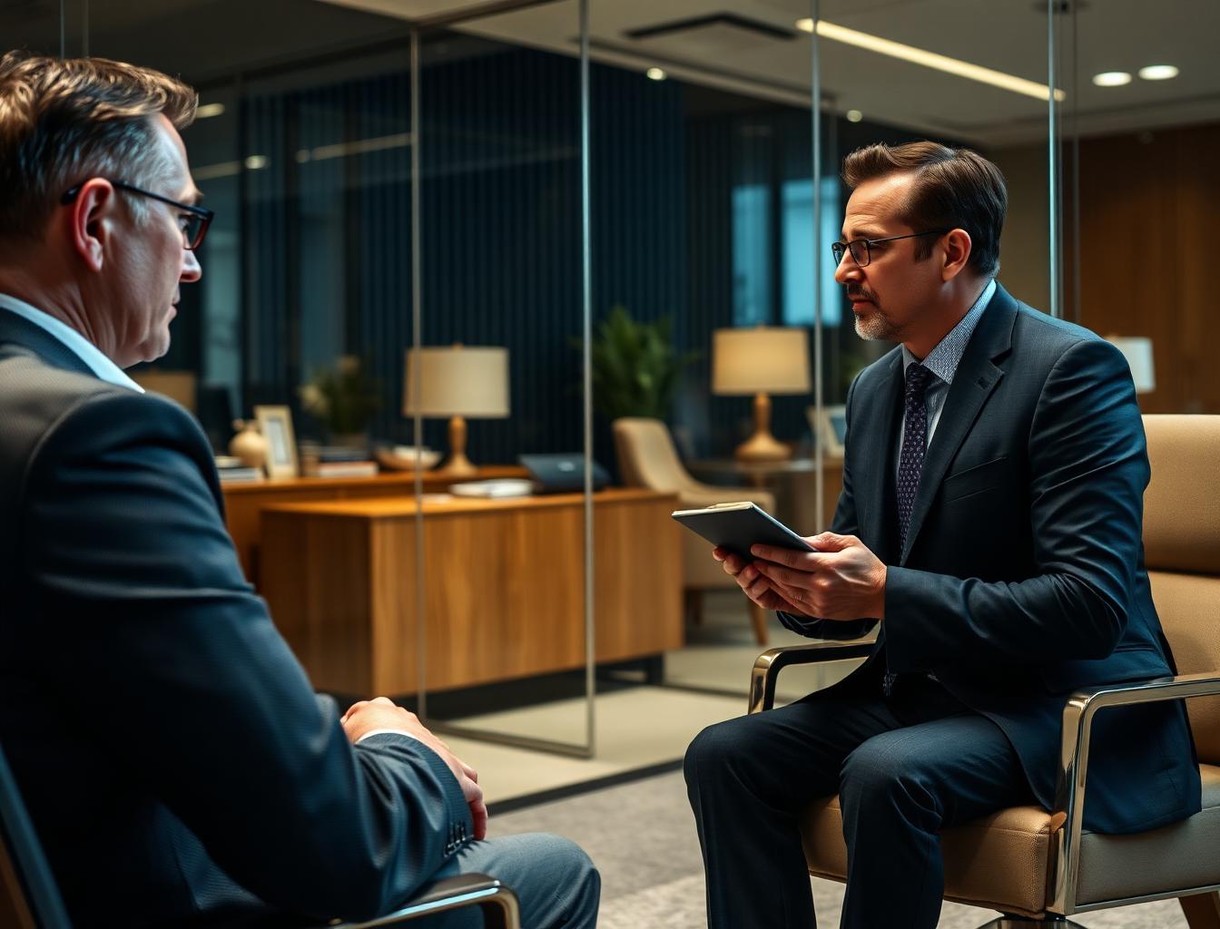 Simulación realista de entrevista ejecutiva entre dos profesionales senior en una oficina privada