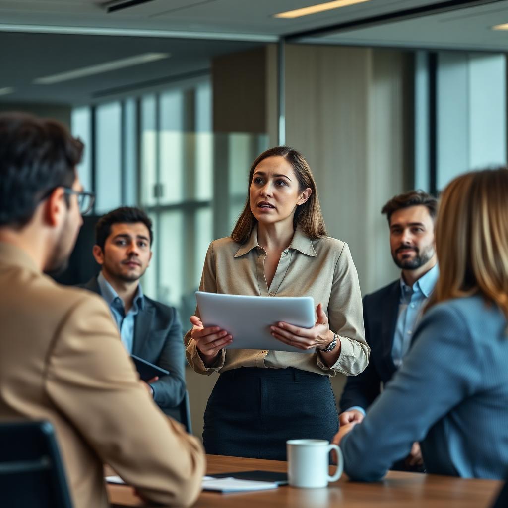 Profesional explicando una idea a un grupo de colegas durante una reunión corporativa