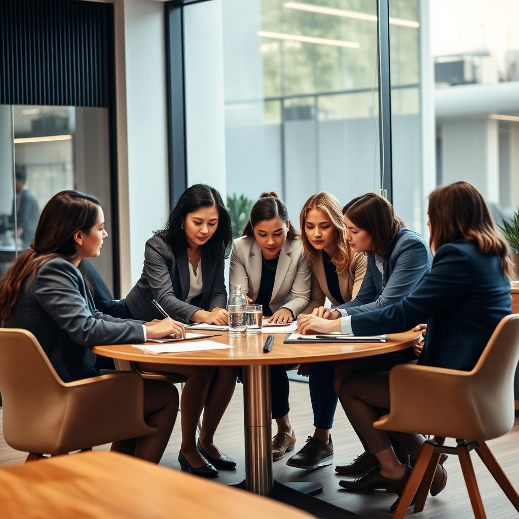 Equipo profesional colaborando alrededor de una mesa para resolver un problema de trabajo