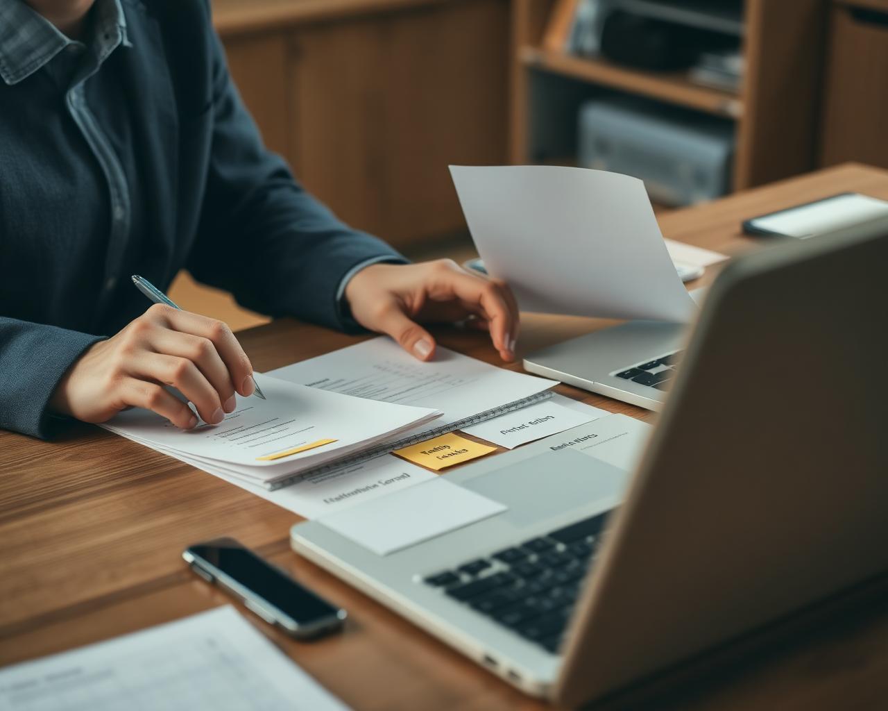 Profesional organizando tareas repetitivas y flujos de trabajo con documentos y notas visuales