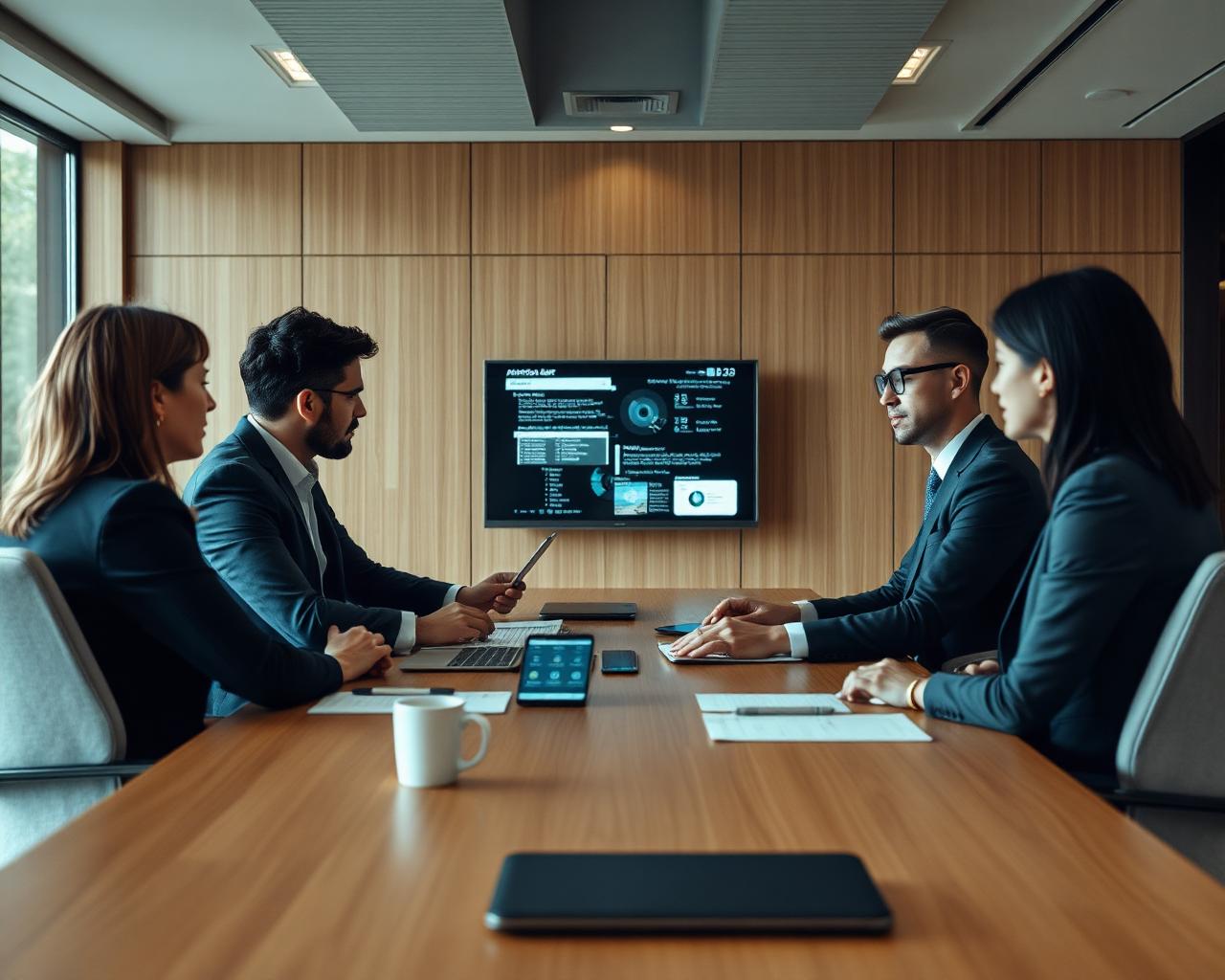 Equipo profesional en una reunión ejecutiva utilizando tecnología como apoyo para analizar información