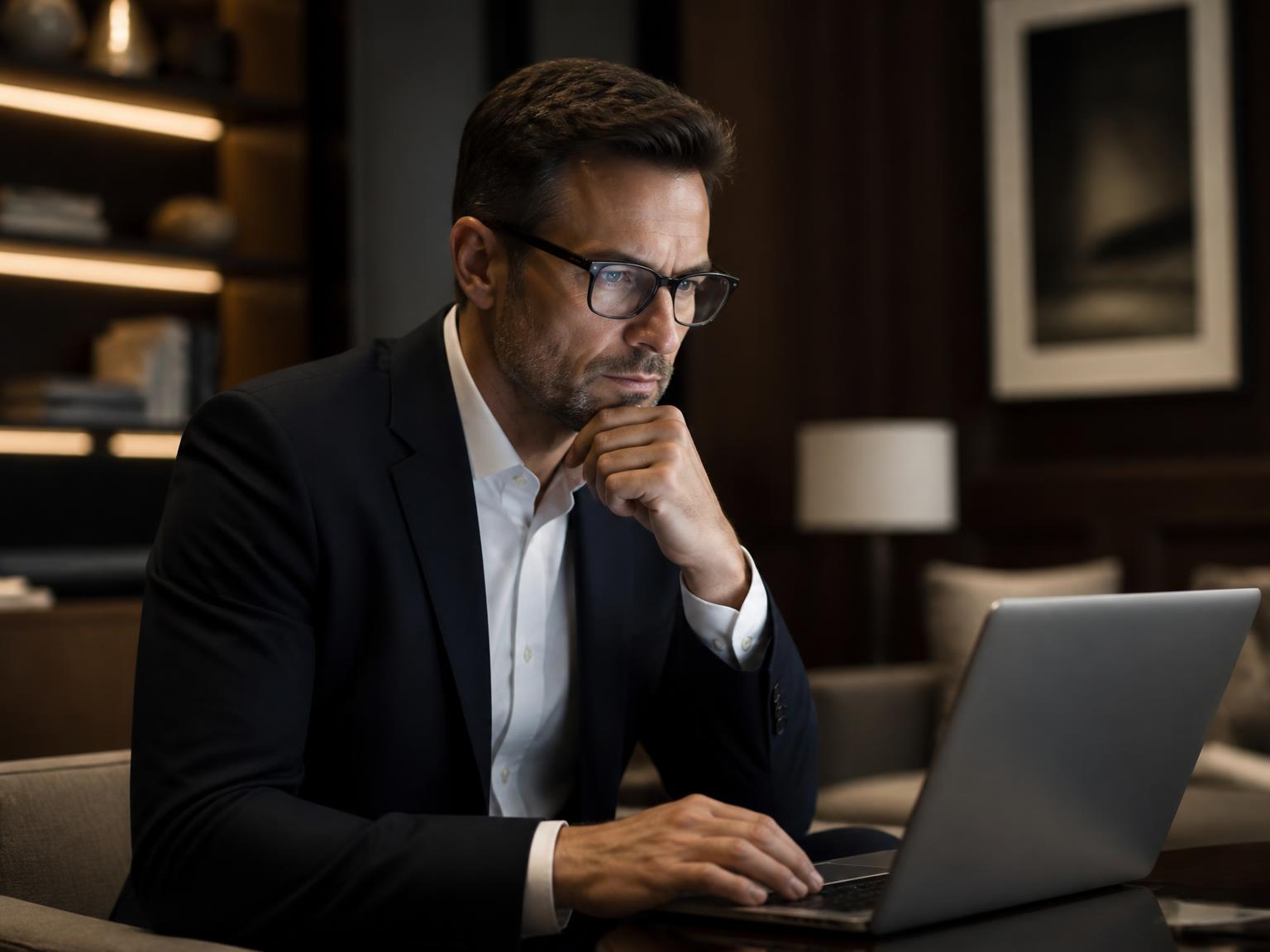 Profesional completando una evaluación estratégica online desde un portátil en un entorno corporativo premium