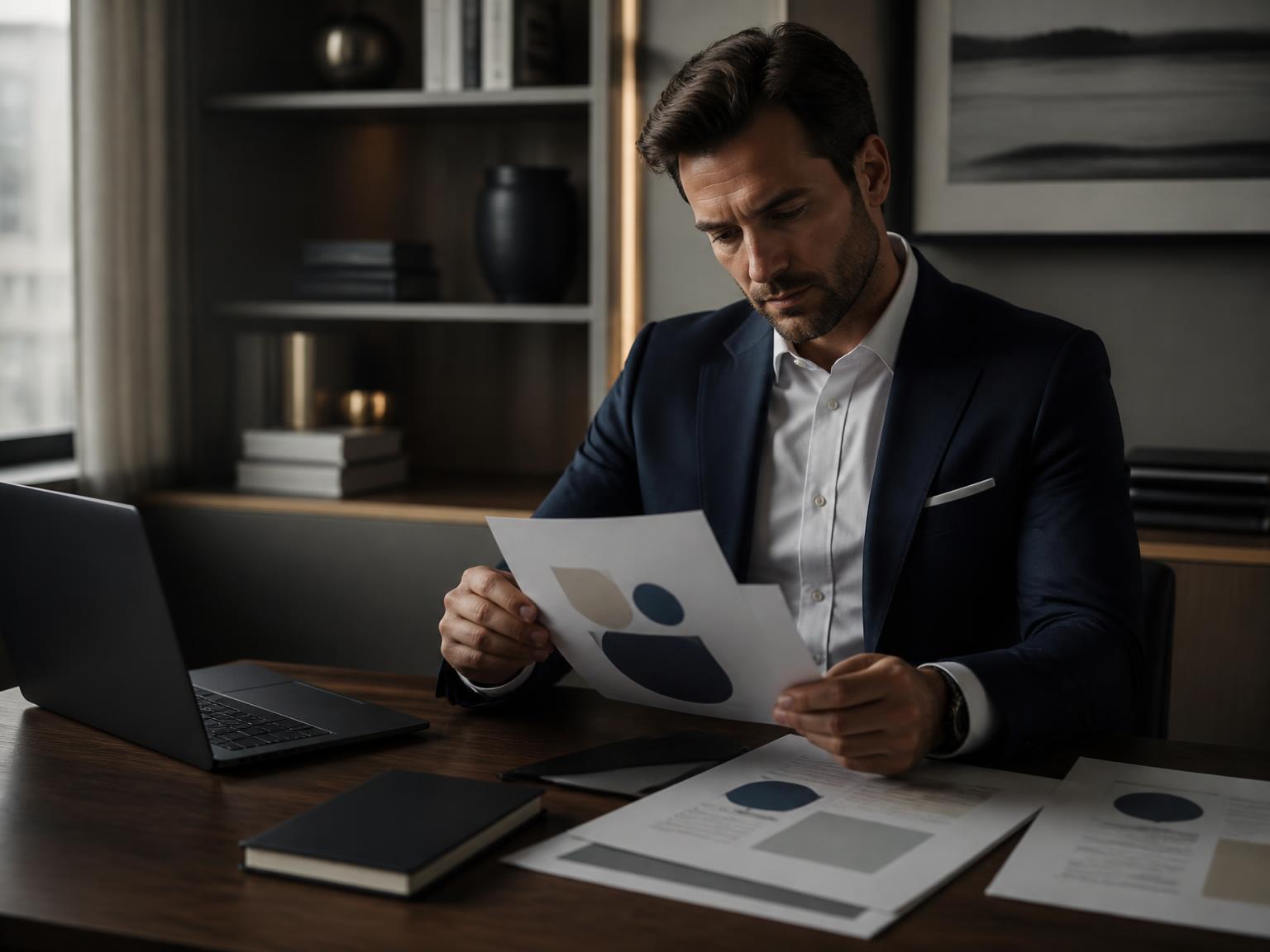 Profesional revisando un informe ejecutivo personalizado sobre una mesa junto a un portátil y una libreta