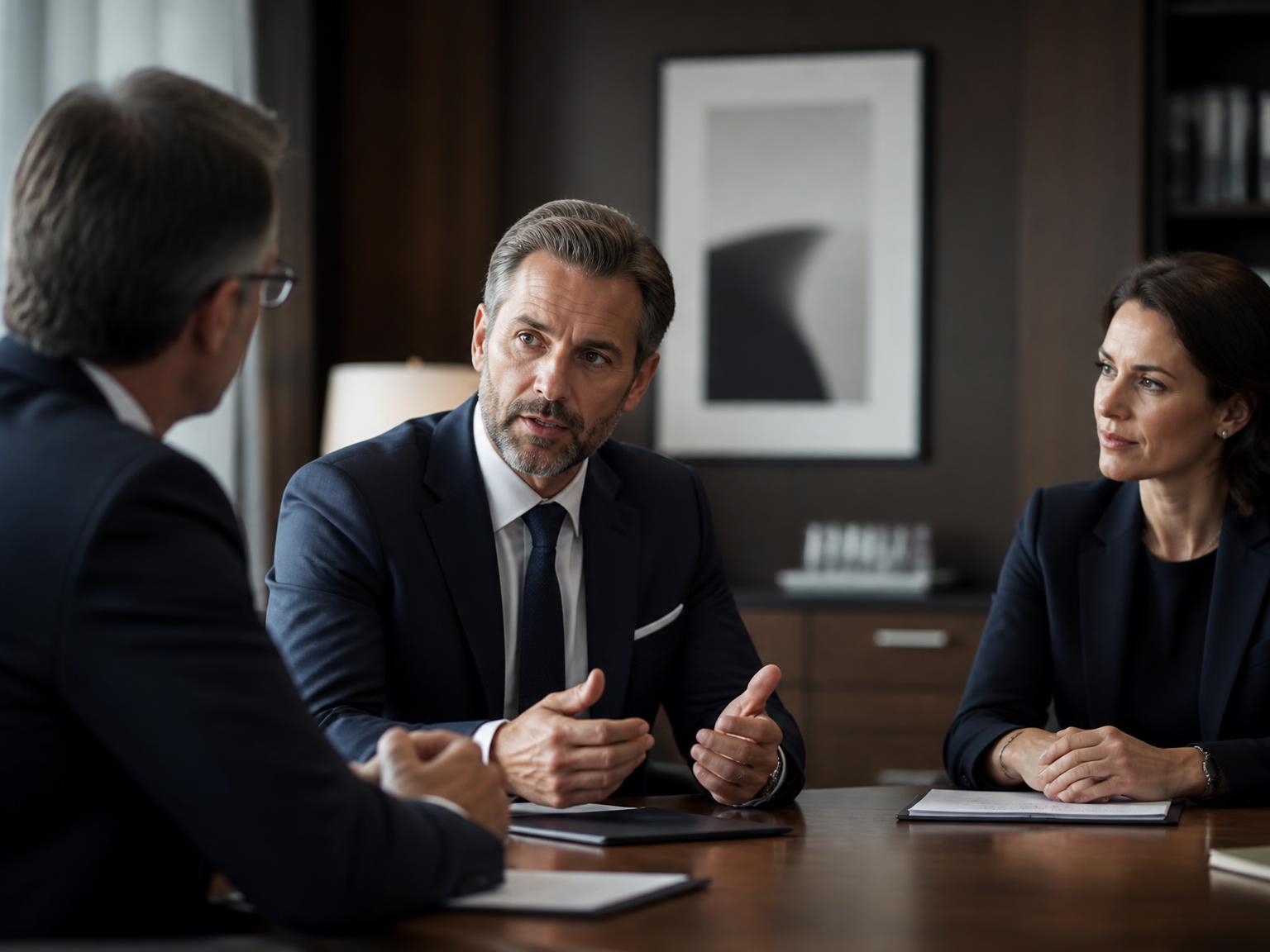 Manager gestionando una conversación profesional compleja con dos colegas