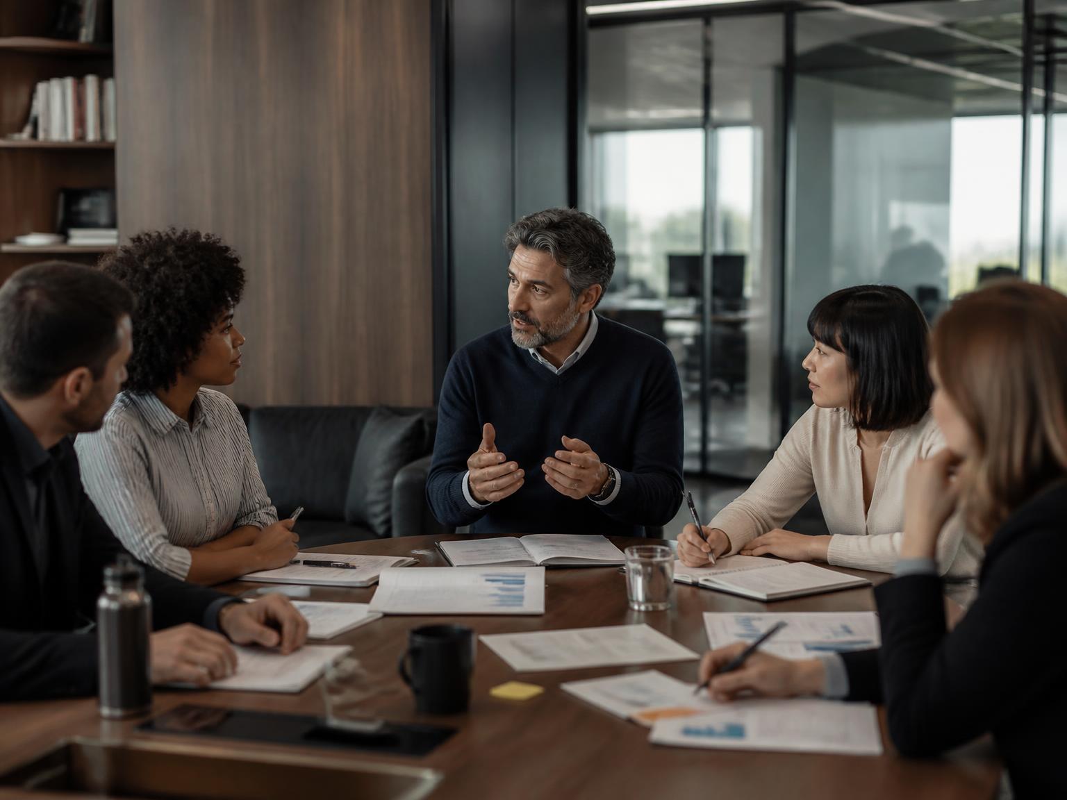 Manager distribuyendo prioridades y responsabilidades con su equipo alrededor de una mesa de trabajo