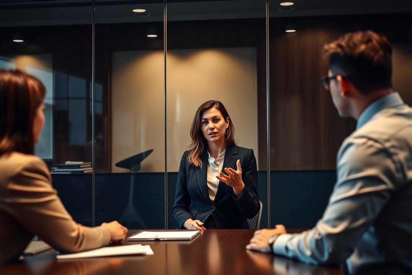 Profesional respondiendo con seguridad durante una entrevista ejecutiva