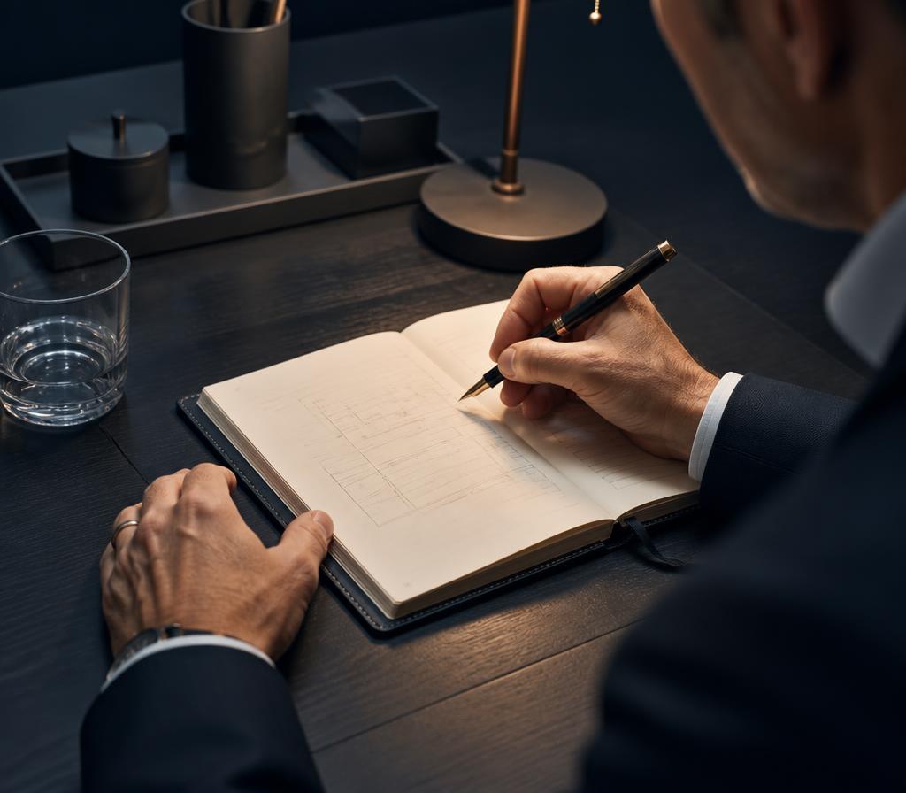 Ejecutivo trazando su plan de crecimiento profesional en una libreta de cuero sobre un escritorio de madera