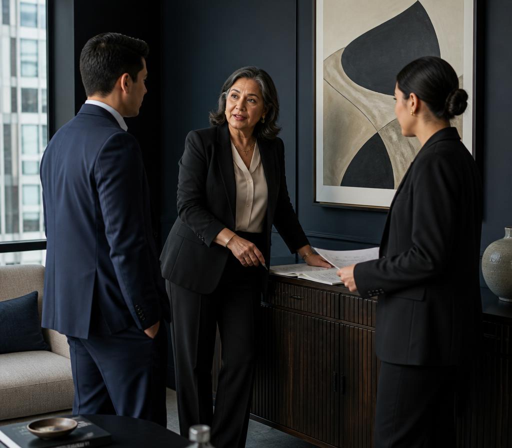 Ejecutiva senior ejerciendo liderazgo mientras conversa con dos profesionales en una oficina elegante