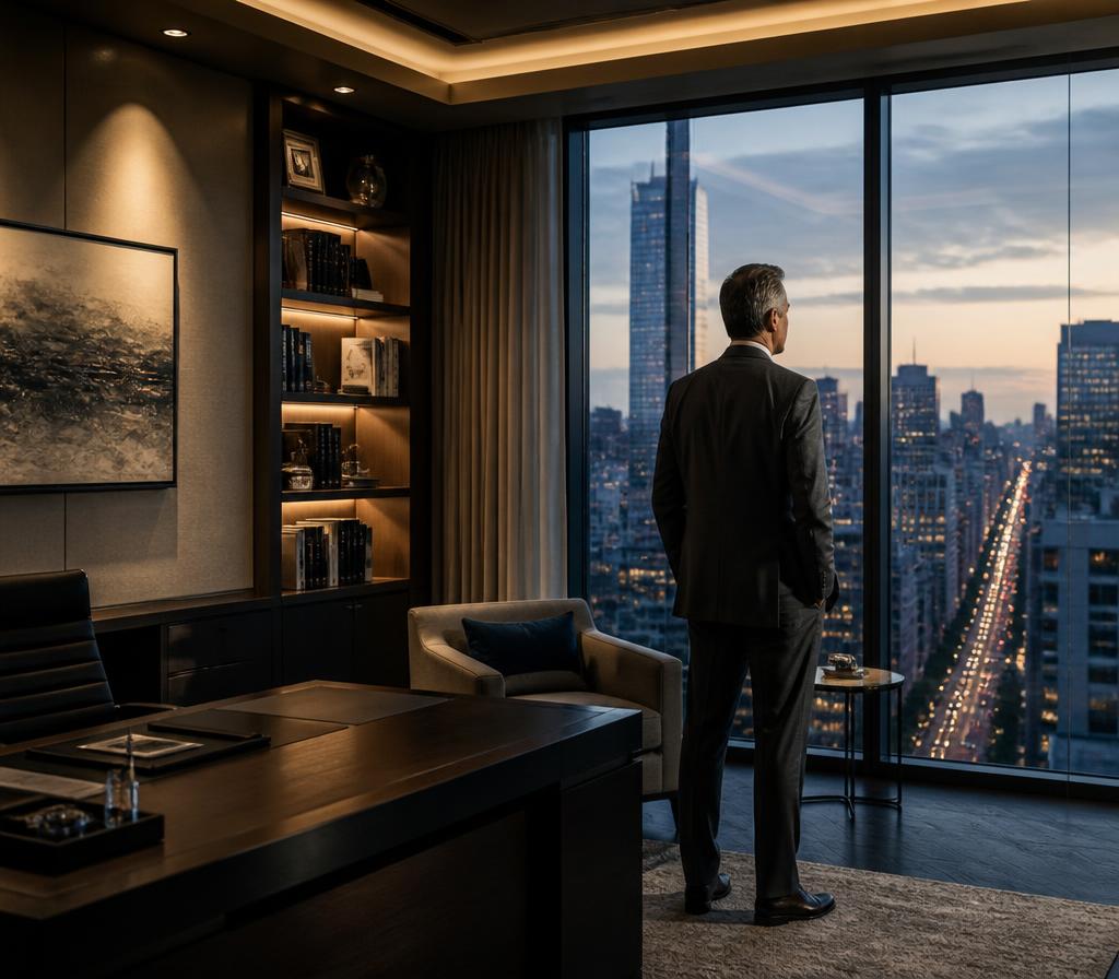 Ejecutivo senior contemplando la ciudad al atardecer desde su oficina, evaluando su posición estratégica