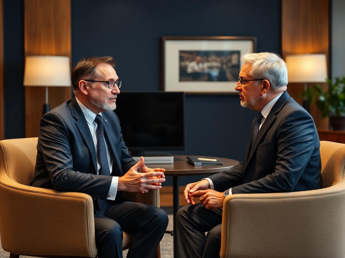 Simulación de entrevista ejecutiva entre dos profesionales senior en una oficina privada