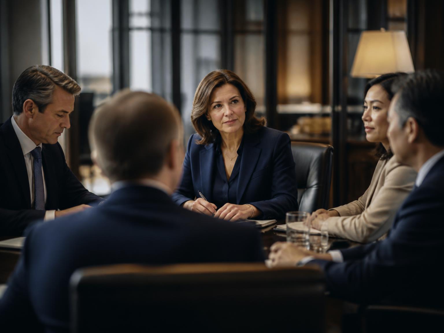 Reunión corporativa con varias personas donde la protagonista observa el entorno con atención estratégica