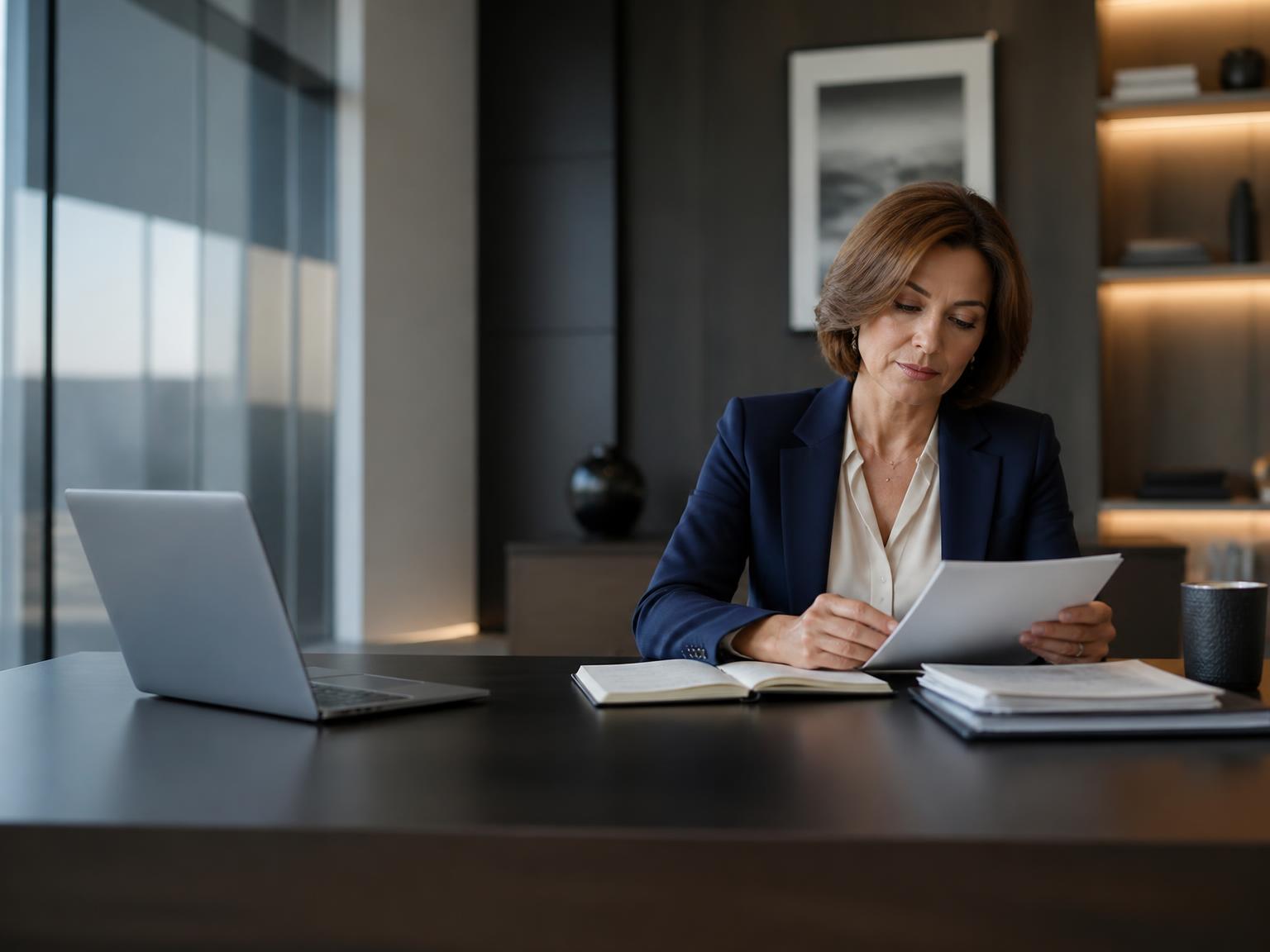 Profesional senior revisando su agenda con serenidad y control en una oficina corporativa premium