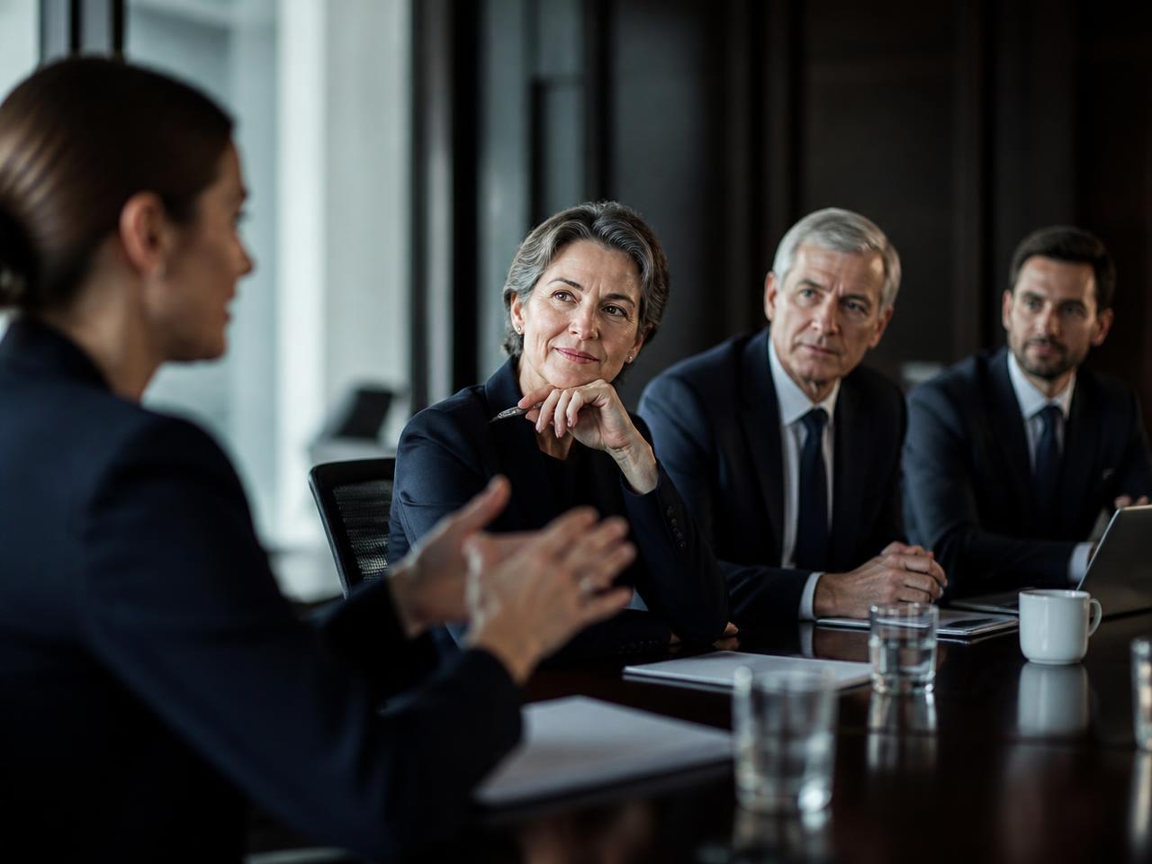 Profesional senior observando las dinámicas de poder en una reunión ejecutiva