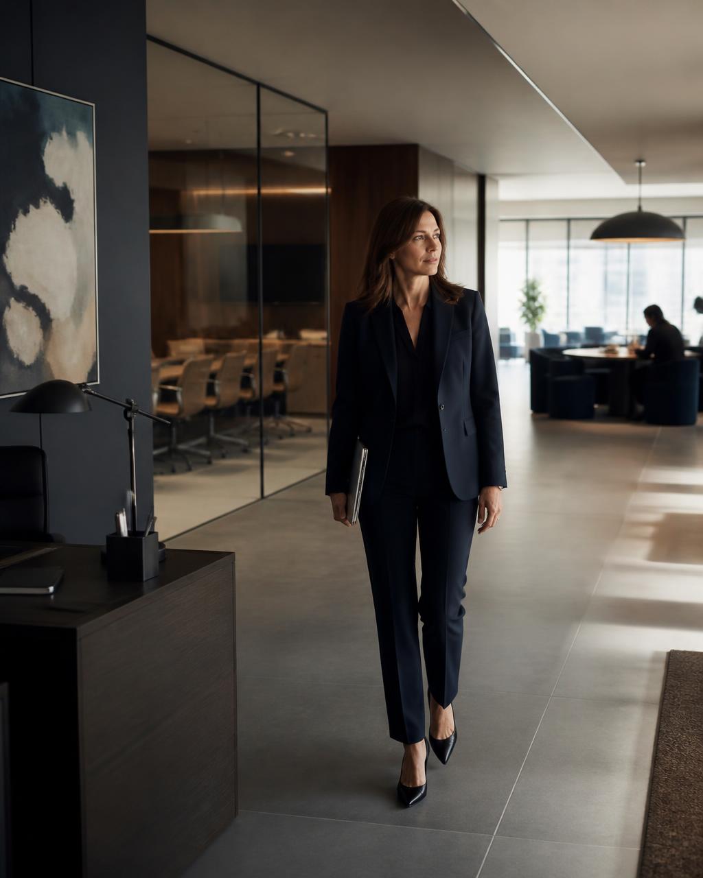 Profesional ejecutiva recorriendo un espacio corporativo conectado que representa las dimensiones de su carrera