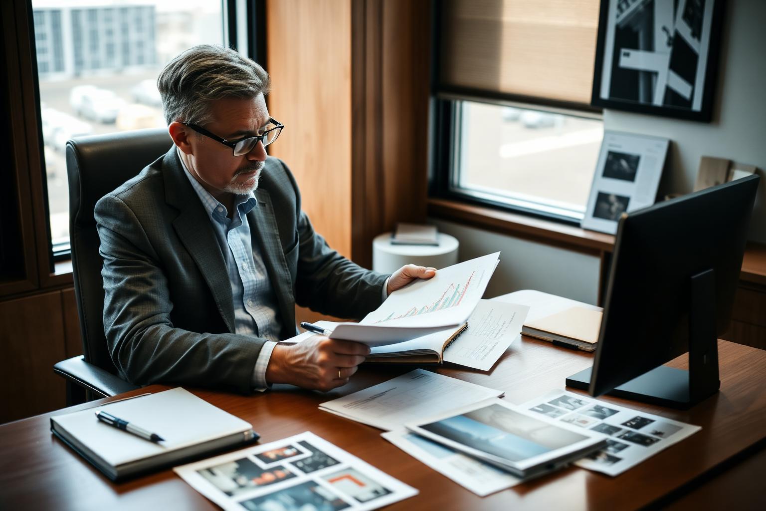 Profesional revisando su trayectoria y prioridades en una mesa ejecutiva con documentos y referencias visuales organizadas